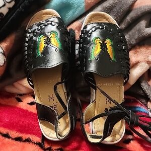 Black Leather Sandals with Butterfly Design